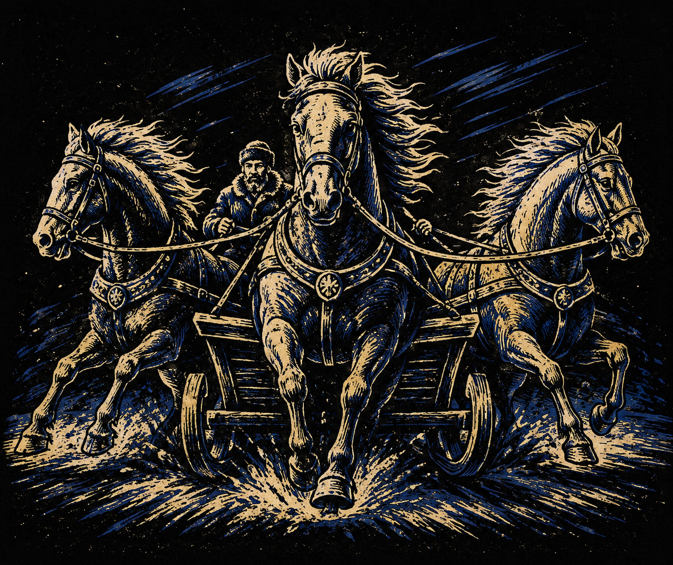 Ilustração de troika: três cavalos puxando um trenó